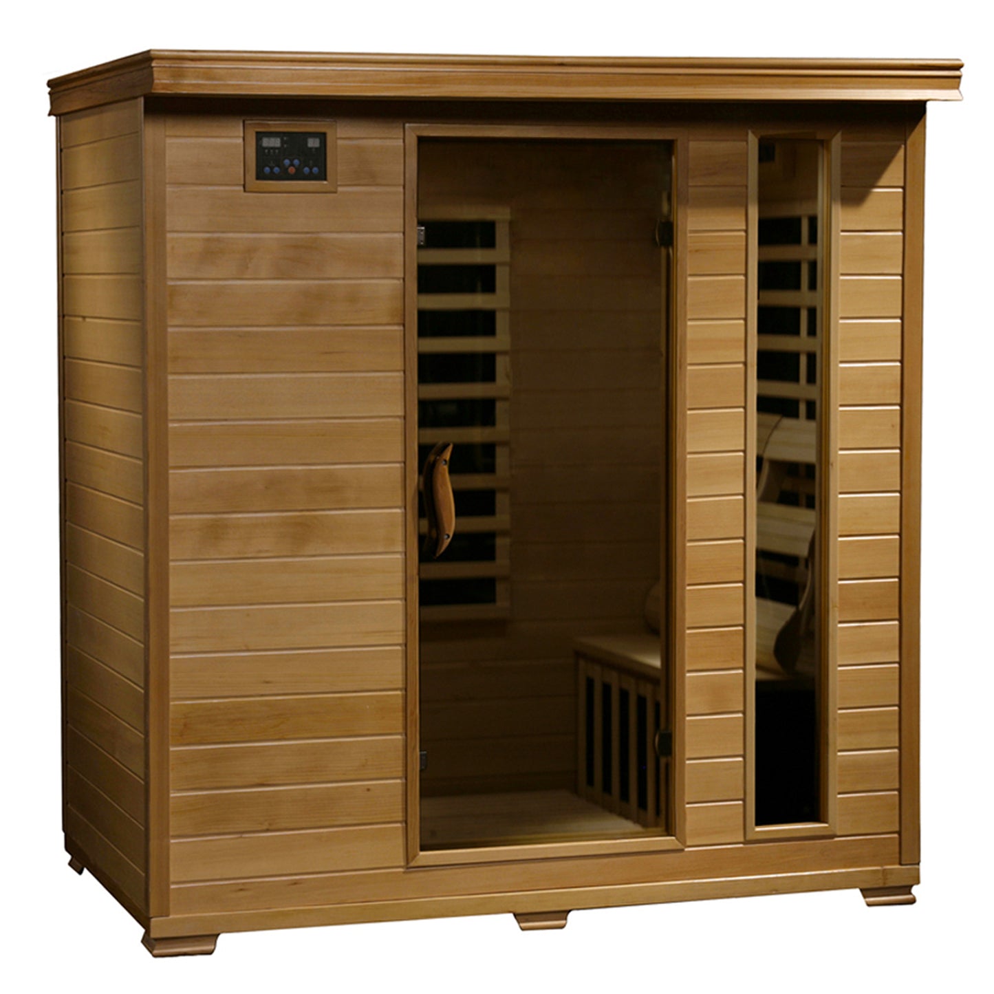 HeatWave Monticello 4-Person Hemlock Infrared Sauna, front view with glass door and interior carbon heaters visible