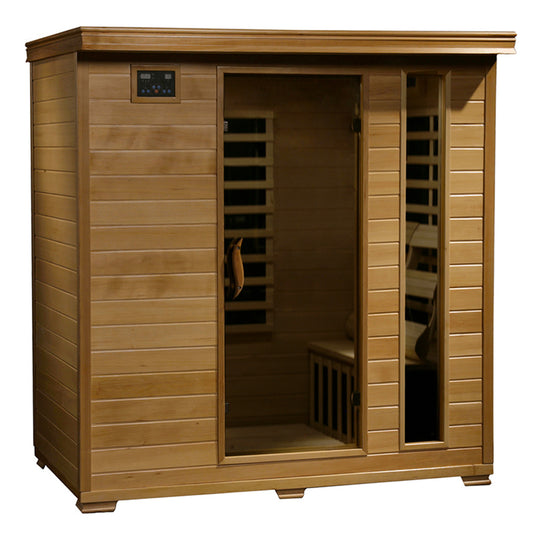 HeatWave Monticello 4-Person Hemlock Infrared Sauna, front view with glass door and interior carbon heaters visible