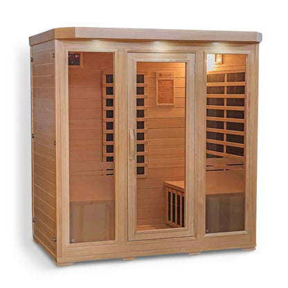 HeatWave Sonoma 4-Person Hemlock Infrared Sauna, angled studio view of the wide hemlock cabinet with glass door, side windows, and interior benches