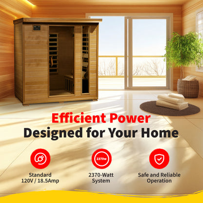 HeatWave Monticello 4-Person Hemlock Infrared Sauna in a bright home, runs on a standard 120V outlet with safe, efficient operation