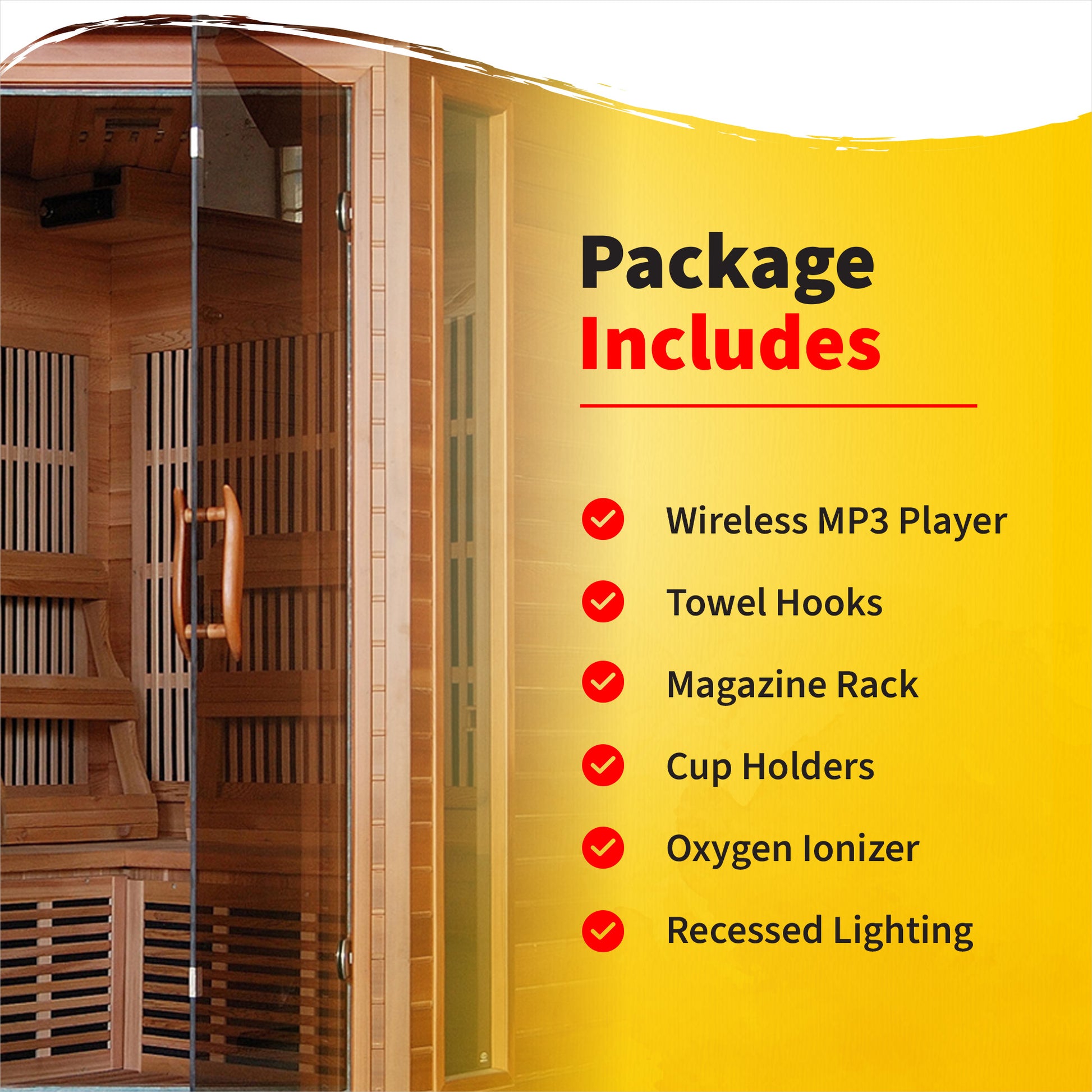 HeatWave Hudson Bay Cedar Corner Sauna Package Includes graphic: wireless MP3 player, towel hooks, magazine rack, cup holders, oxygen ionizer, recessed lighting
