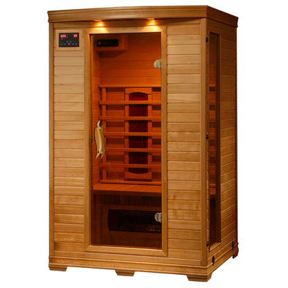 HeatWave Coronado 2-Person Hemlock Infrared Sauna with 5 Ceramic Heaters, front view with glass door and control panel