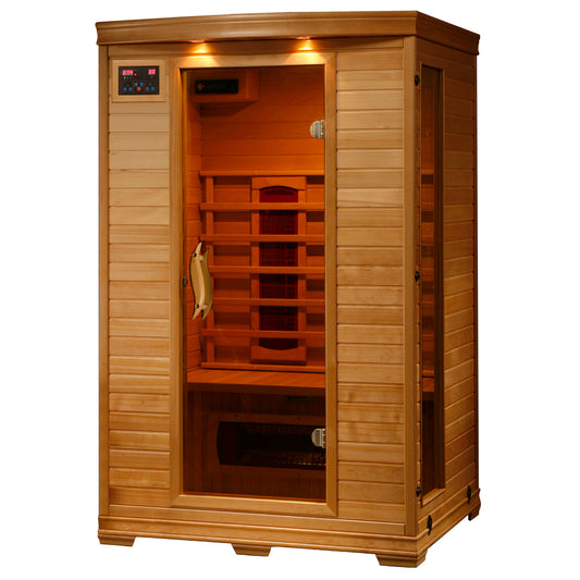 HeatWave Coronado 2-Person Hemlock Infrared Sauna with 5 Ceramic Heaters, front view with glass door and control panel
