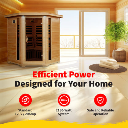 HeatWave Tucson 4-Person Hemlock Corner Infrared Sauna in a bright home, runs on standard 120V, 2180-watt system for safe operation