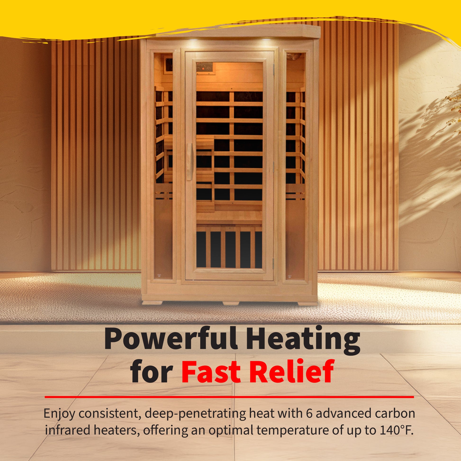 HeatWave Sonoma Hemlock Sauna Powerful Heating graphic: 6 advanced carbon infrared heaters delivering deep heat up to 140°F for fast relief