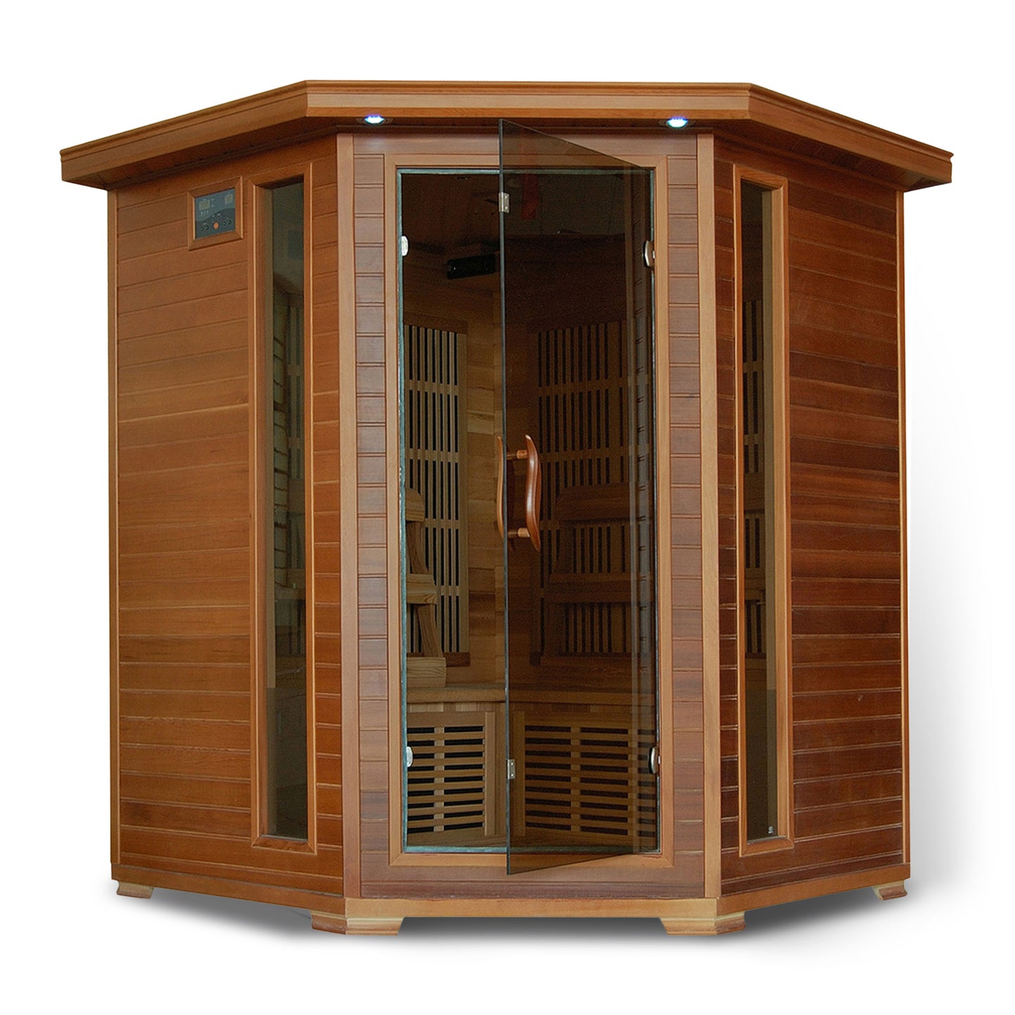 HeatWave Whistler Cedar Corner Infrared Sauna, angled studio view of the full cabinet with closed glass door and side windows