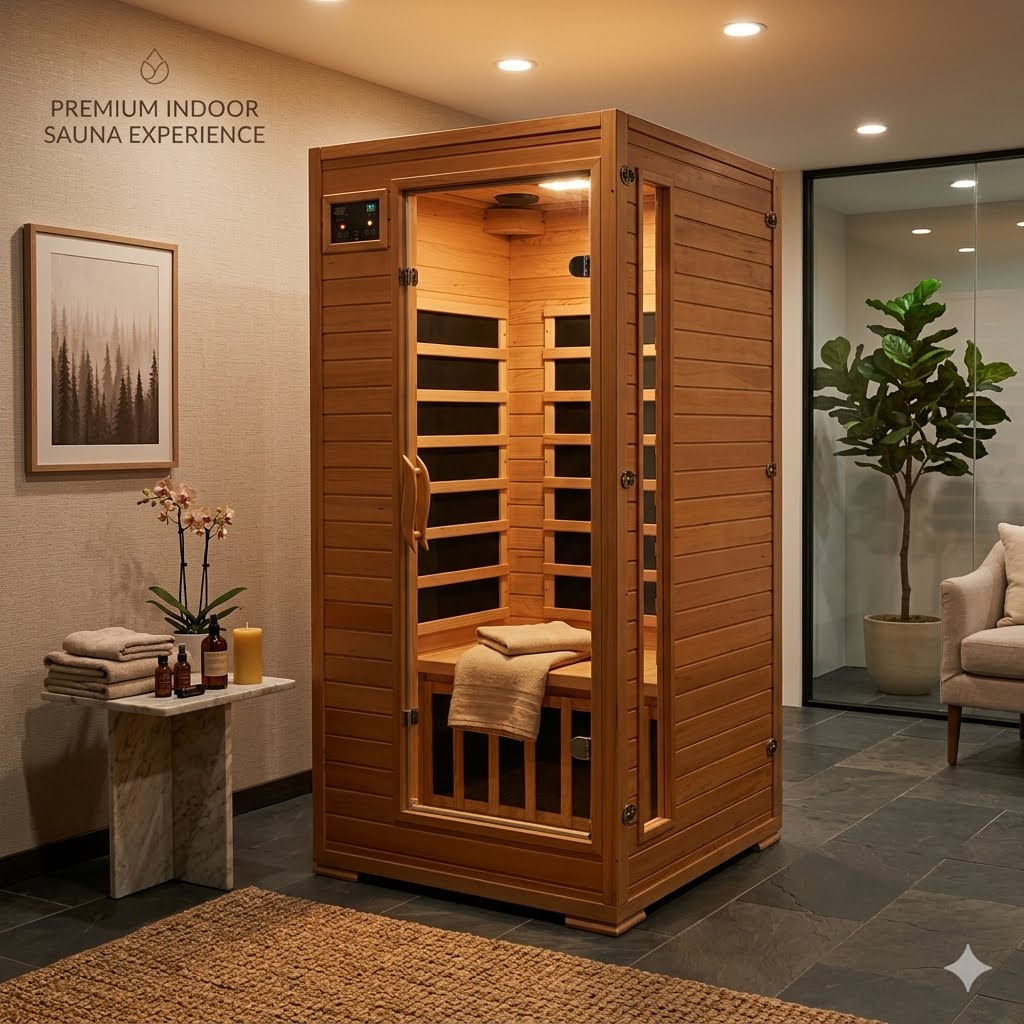 HeatWave Buena Vista 1-2 Person Hemlock Infrared Sauna in a styled home room, interior carbon heaters and bench visible through glass door