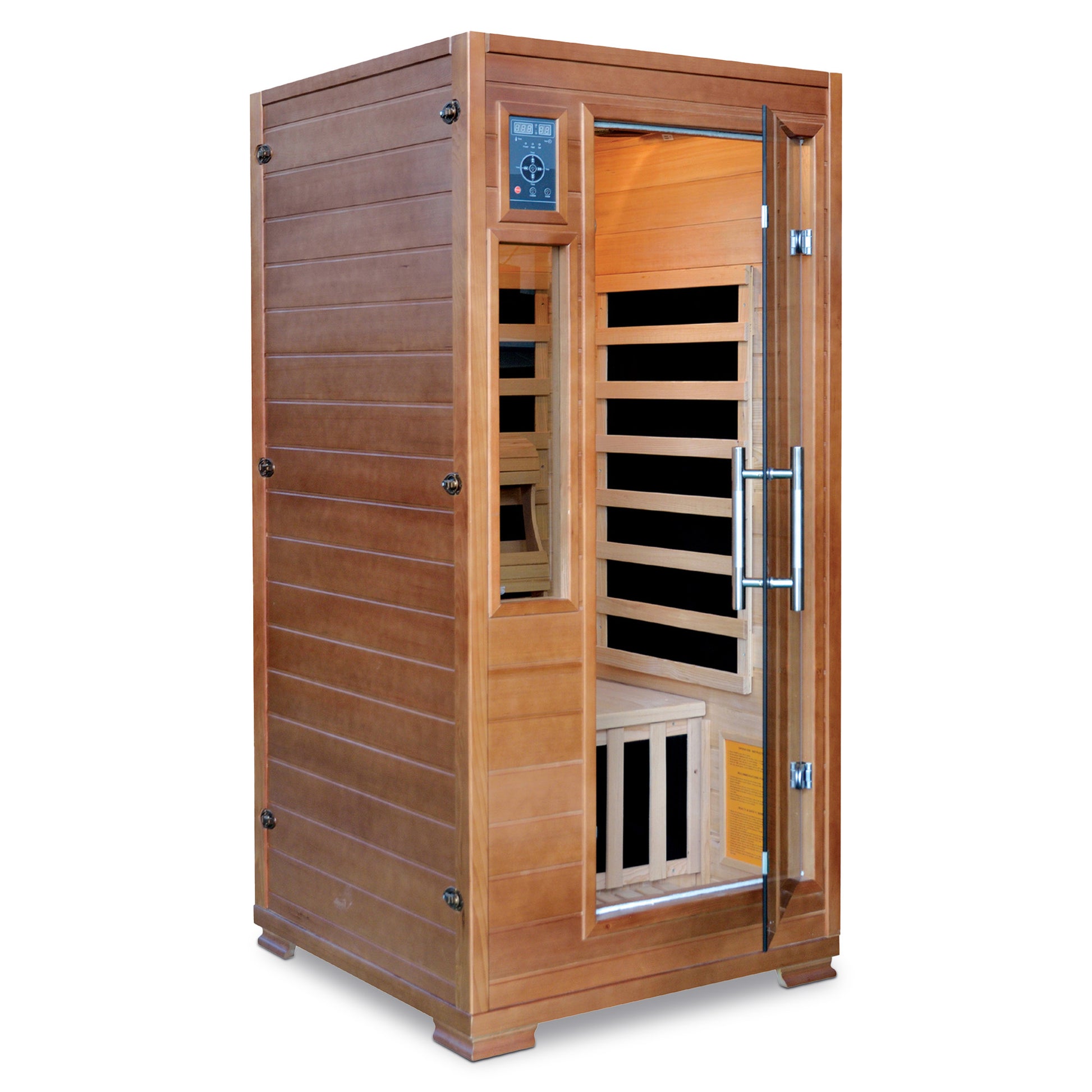HeatWave 1-2 Person Hemlock Infrared Sauna, angled view with door open showing interior carbon heaters, bench, and control panel