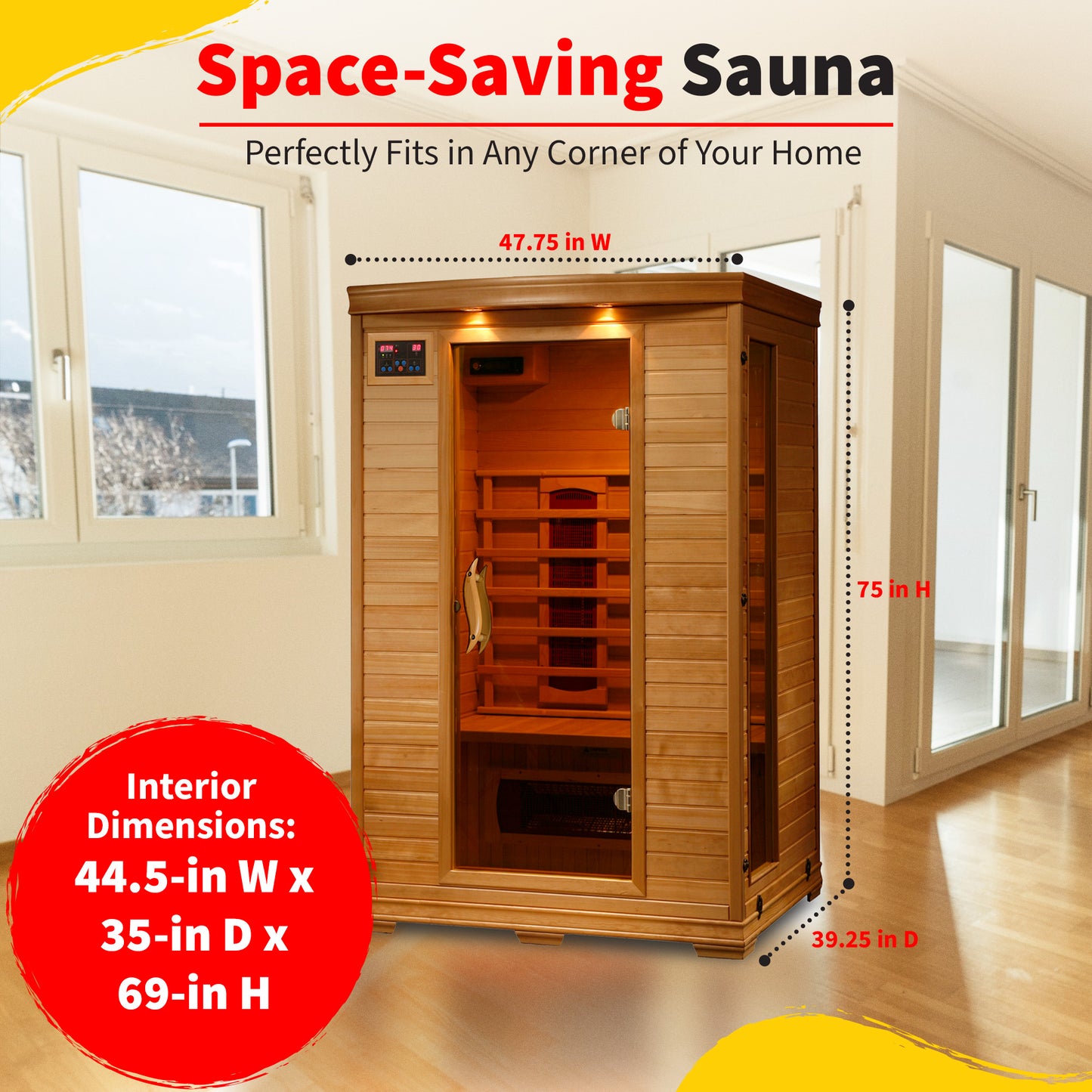 HeatWave Coronado Ceramic Sauna dimensions graphic: 47.75 in W x 39.25 in D x 75 in H exterior, 44.5 x 35 x 69 in interior