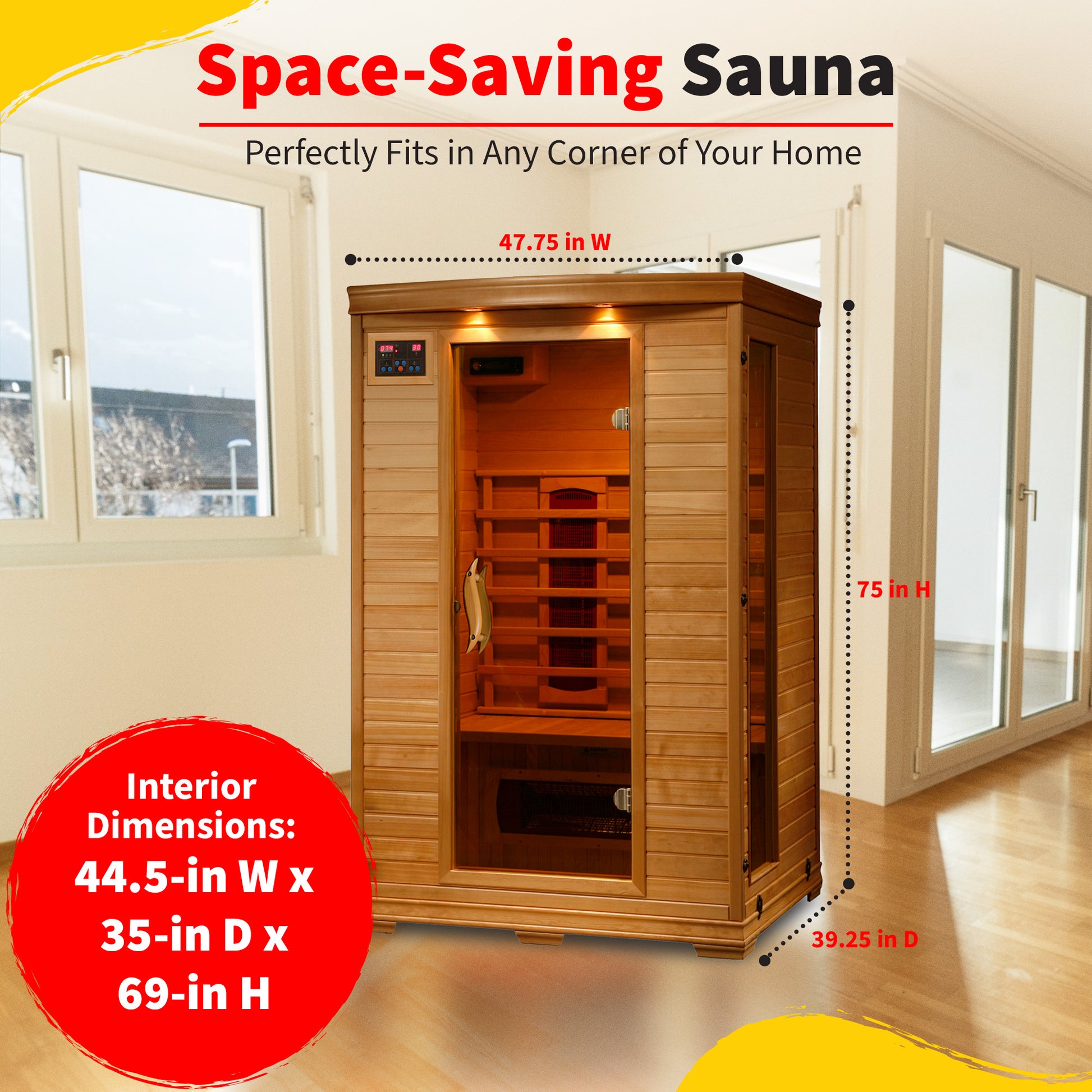HeatWave Coronado Ceramic Sauna dimensions graphic: 47.75 in W x 39.25 in D x 75 in H exterior, 44.5 x 35 x 69 in interior