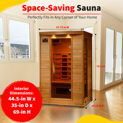 HeatWave Coronado Ceramic Sauna dimensions graphic: 47.75 in W x 39.25 in D x 75 in H exterior, 44.5 x 35 x 69 in interior
