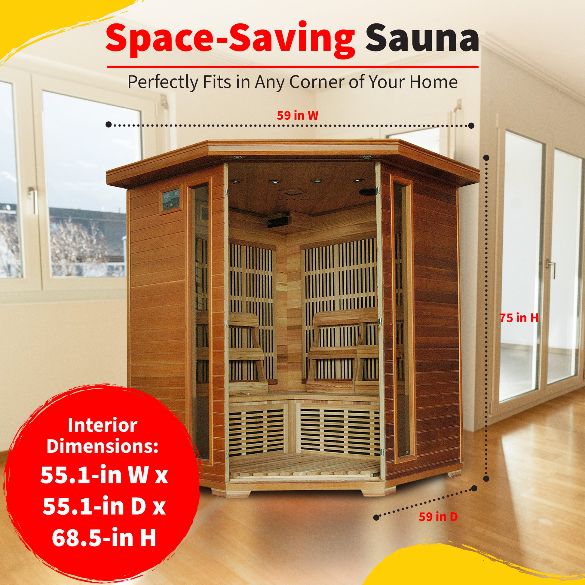 HeatWave Whistler Cedar Corner Sauna dimensions graphic: exterior 59 in W x 59 in D x 75 in H, interior 55.1 x 55.1 x 68.5 in, fits any corner