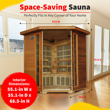 HeatWave Whistler Cedar Corner Sauna dimensions graphic: exterior 59 in W x 59 in D x 75 in H, interior 55.1 x 55.1 x 68.5 in, fits any corner