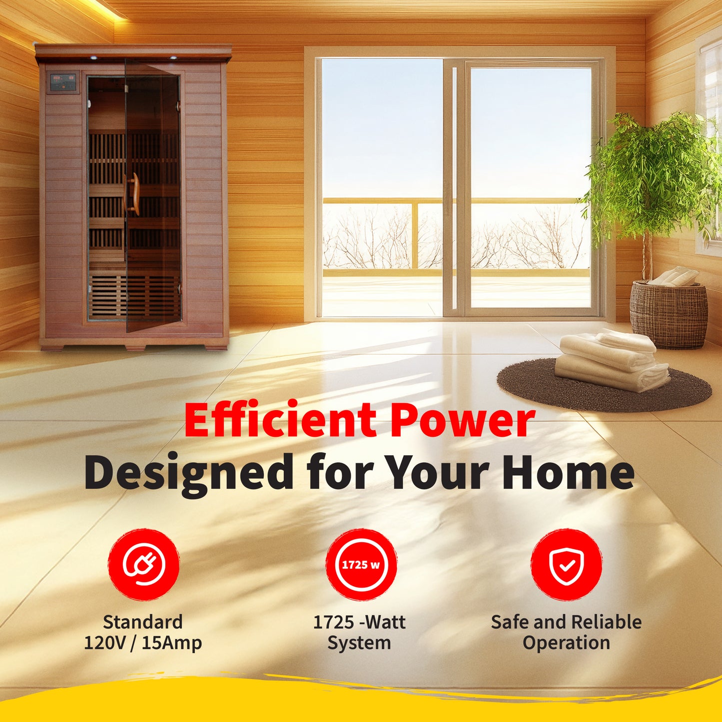 HeatWave Yukon Cedar Sauna Efficient Power graphic: standard 120V 15-amp outlet, 1725-watt system, safe and reliable home operation