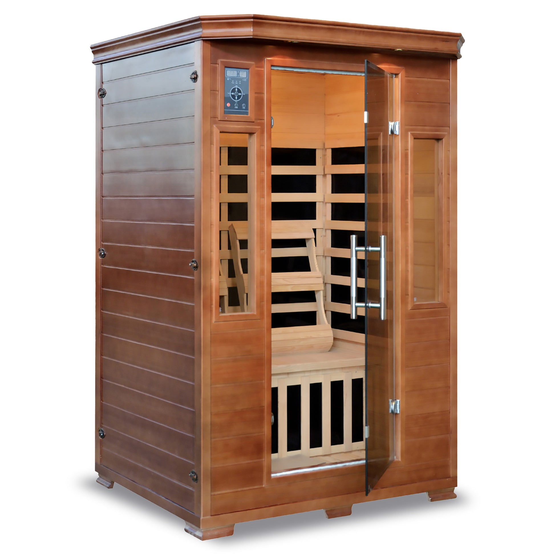 HeatWave 2-Person Hemlock Premium Infrared Sauna, angled view with door open showing interior carbon heaters, bench, and control panel