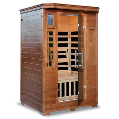 HeatWave 2-Person Hemlock Premium Infrared Sauna, angled view with door open showing interior carbon heaters, bench, and control panel