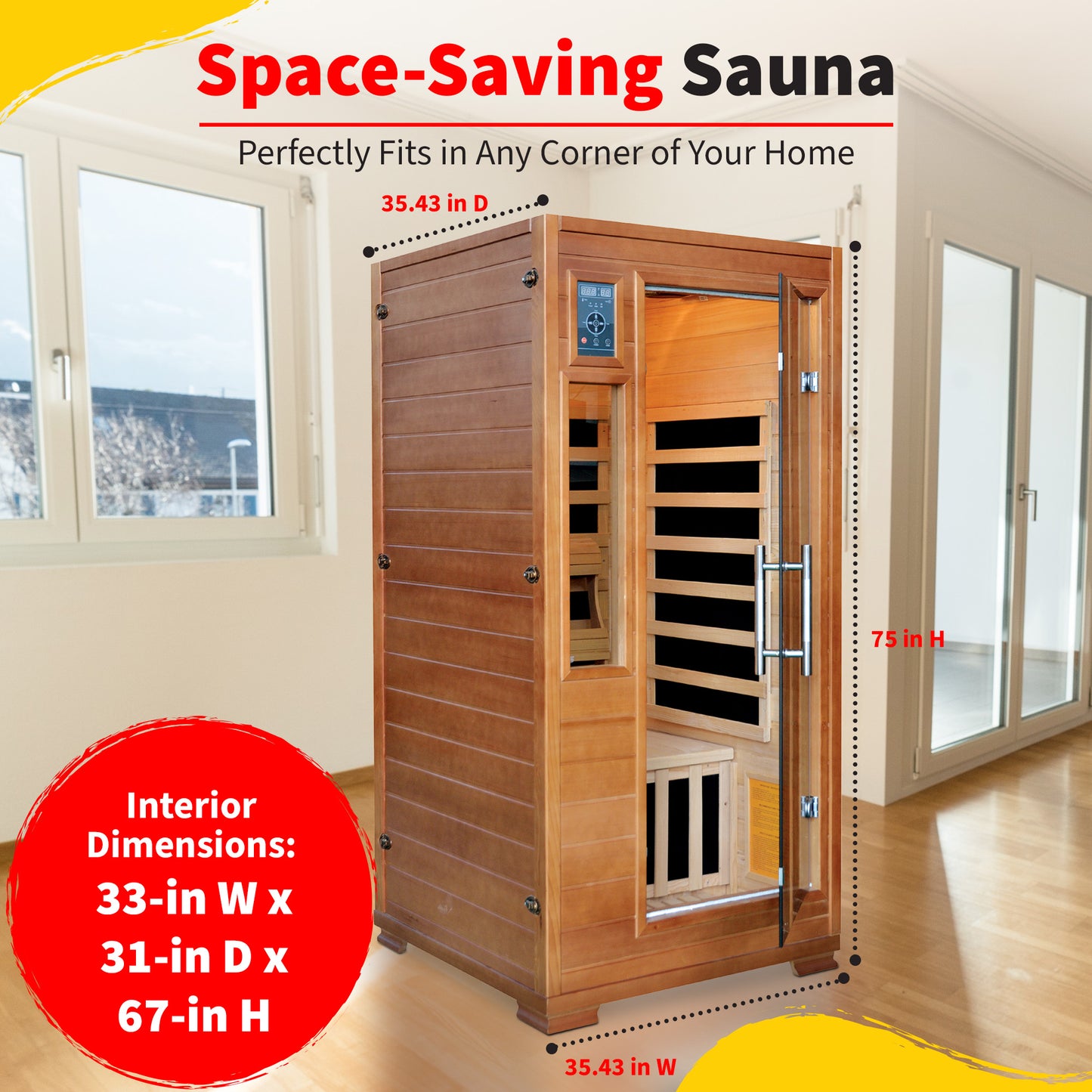 HeatWave 1-2 Person Hemlock Sauna dimensions graphic: exterior 35.43 in W x 35.43 in D x 75 in H, interior 33 x 31 x 67 in