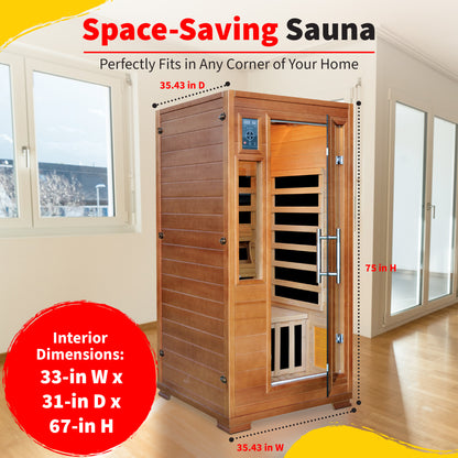 HeatWave 1-2 Person Hemlock Sauna dimensions graphic: exterior 35.43 in W x 35.43 in D x 75 in H, interior 33 x 31 x 67 in