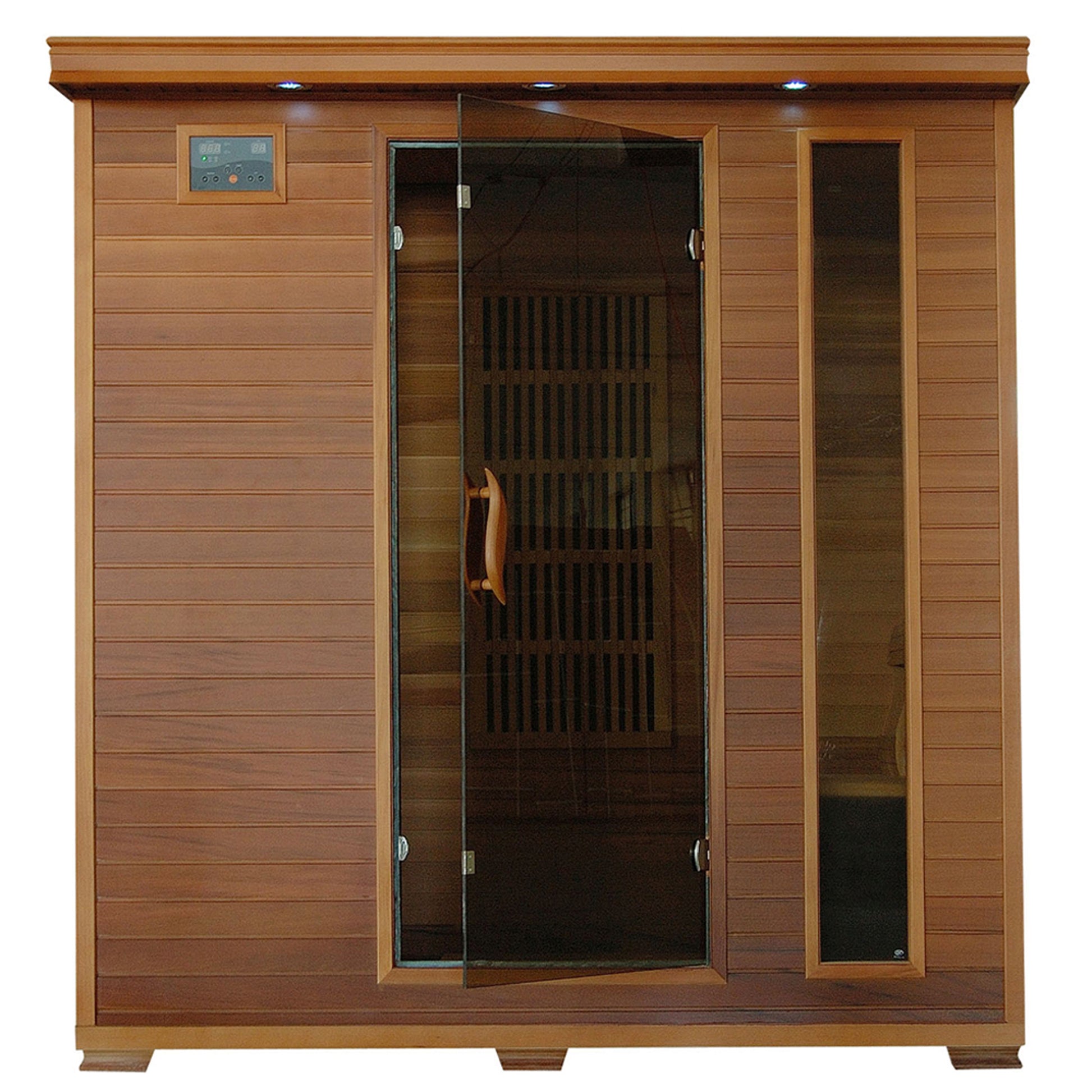 HeatWave Klondike 4-Person Cedar Infrared Sauna, front view showing glass door, digital control panel, and red cedar tongue-and-groove walls