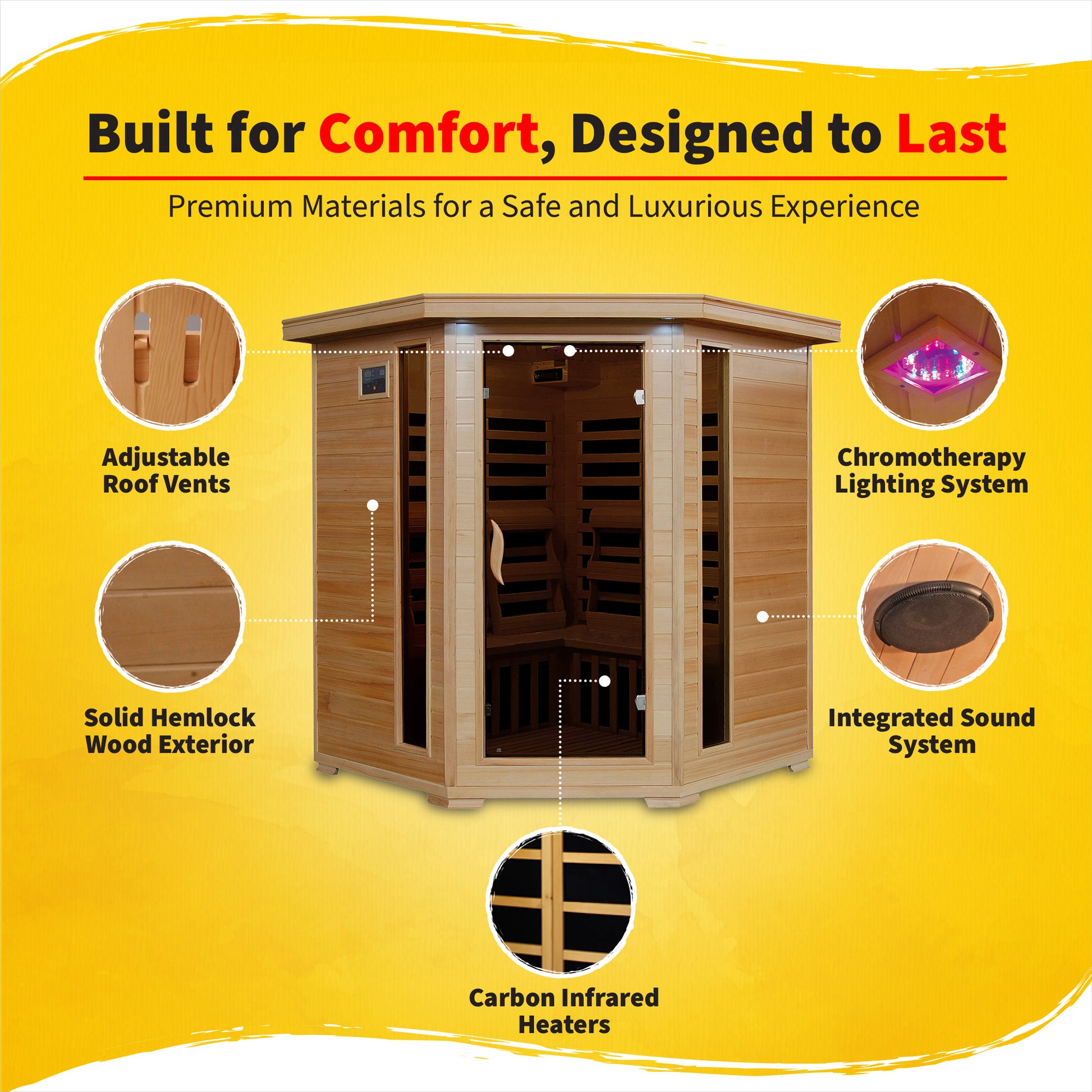 HeatWave Tucson 4-Person Hemlock Corner Infrared Sauna features: adjustable roof vents, chromotherapy lighting, sound system, carbon heaters