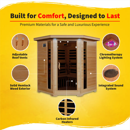 HeatWave Tucson 4-Person Hemlock Corner Infrared Sauna features: adjustable roof vents, chromotherapy lighting, sound system, carbon heaters