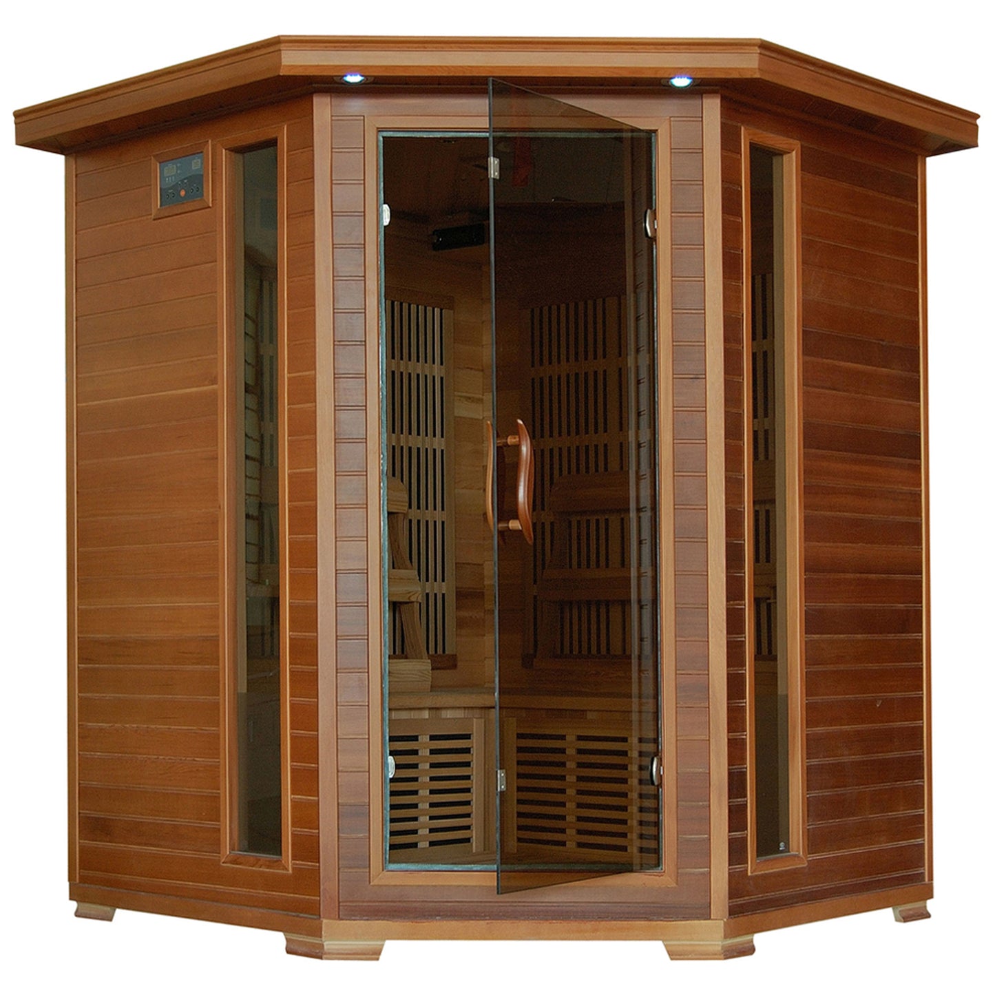 HeatWave Whistler 4-Person Cedar Corner Infrared Sauna, angled front view with glass door, control panel, side windows, and interior benches