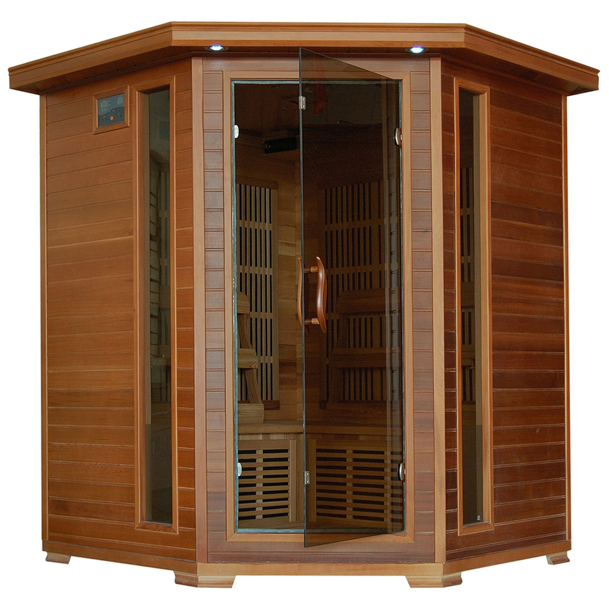 HeatWave Whistler 4-Person Cedar Corner Infrared Sauna, angled front view with glass door, control panel, side windows, and interior benches