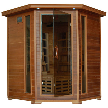 HeatWave Whistler 4-Person Cedar Corner Infrared Sauna, angled front view with glass door, control panel, side windows, and interior benches