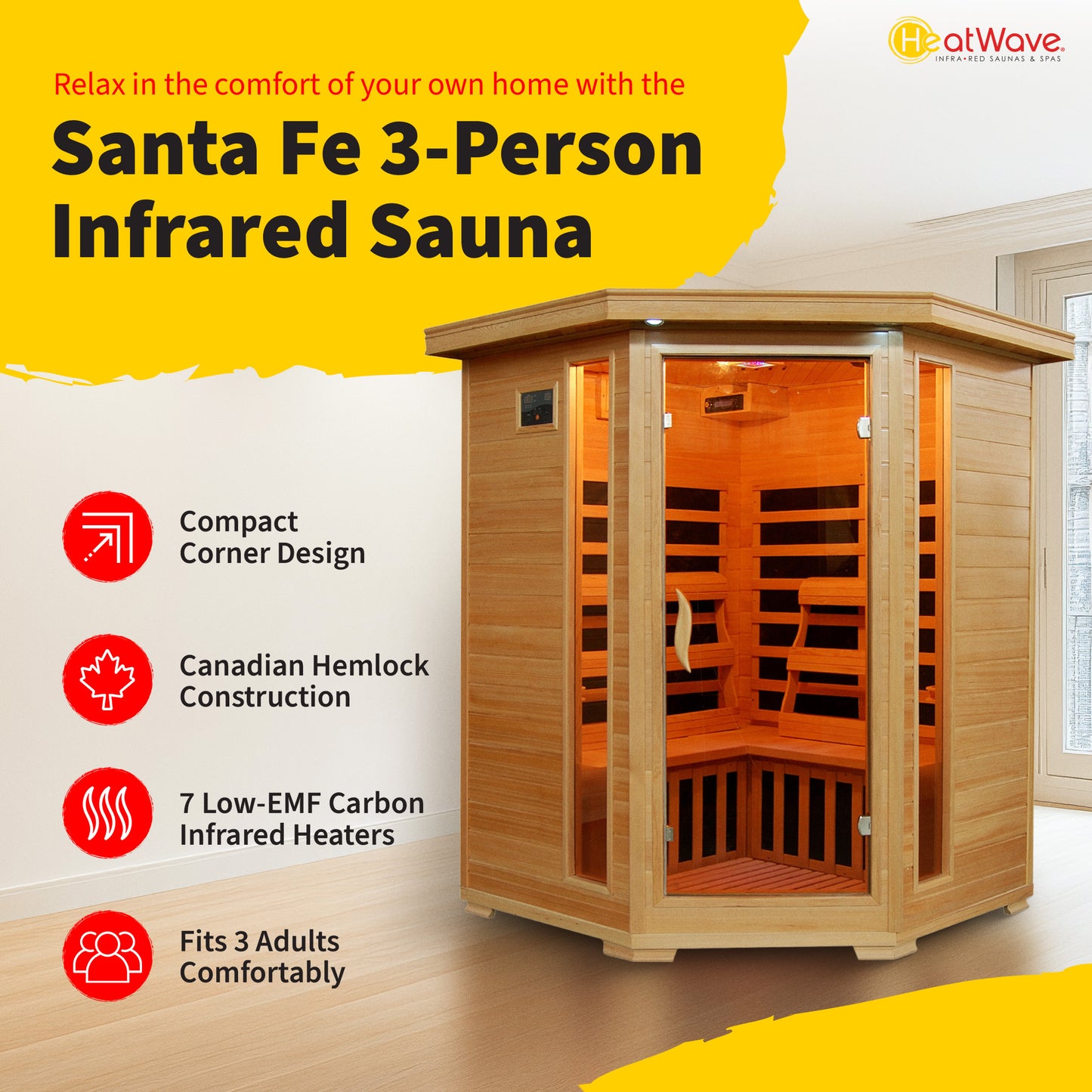 HeatWave Santa Fe 3-Person Infrared Sauna feature graphic: compact corner design, Canadian hemlock, 7 low-EMF carbon heaters, fits 3 adults
