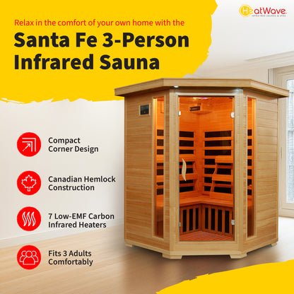 HeatWave Santa Fe 3-Person Infrared Sauna feature graphic: compact corner design, Canadian hemlock, 7 low-EMF carbon heaters, fits 3 adults