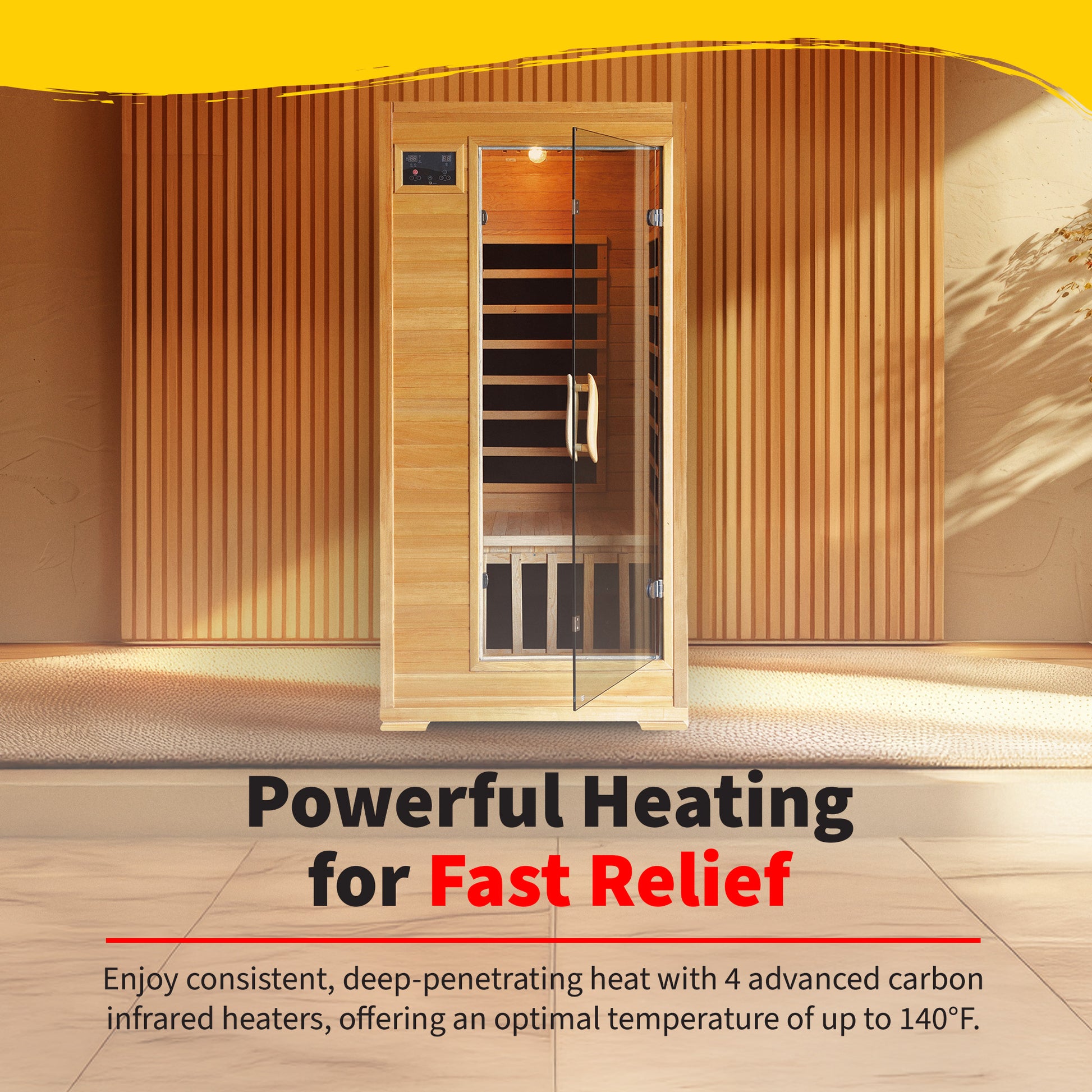 HeatWave Buena Vista 1-2 Person Hemlock Infrared Sauna with 4 carbon heaters delivering deep-penetrating heat up to 140°F