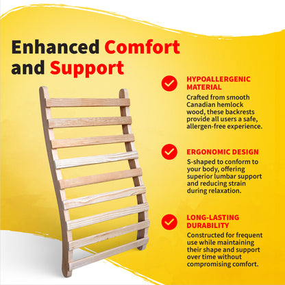 HeatWave Universal Sauna Backrest benefits infographic titled Enhanced Comfort and Support, describing its hypoallergenic Canadian hemlock material, ergonomic S-shaped lumbar design, and long-lasting durability