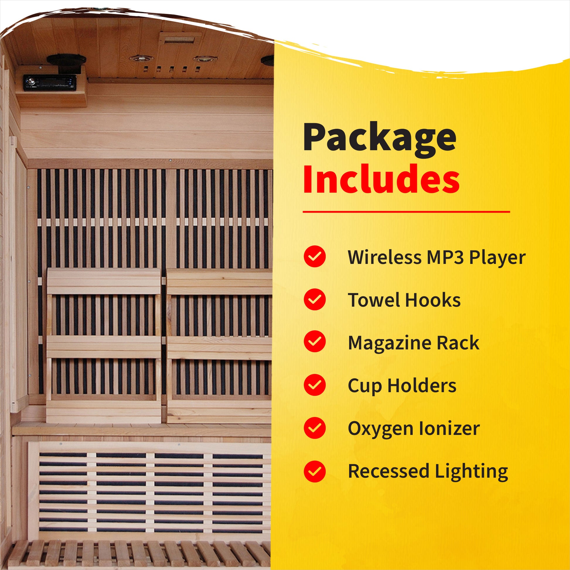 HeatWave Yukon Cedar Sauna Package Includes graphic: wireless MP3 player, towel hooks, magazine rack, cup holders, oxygen ionizer, recessed lighting