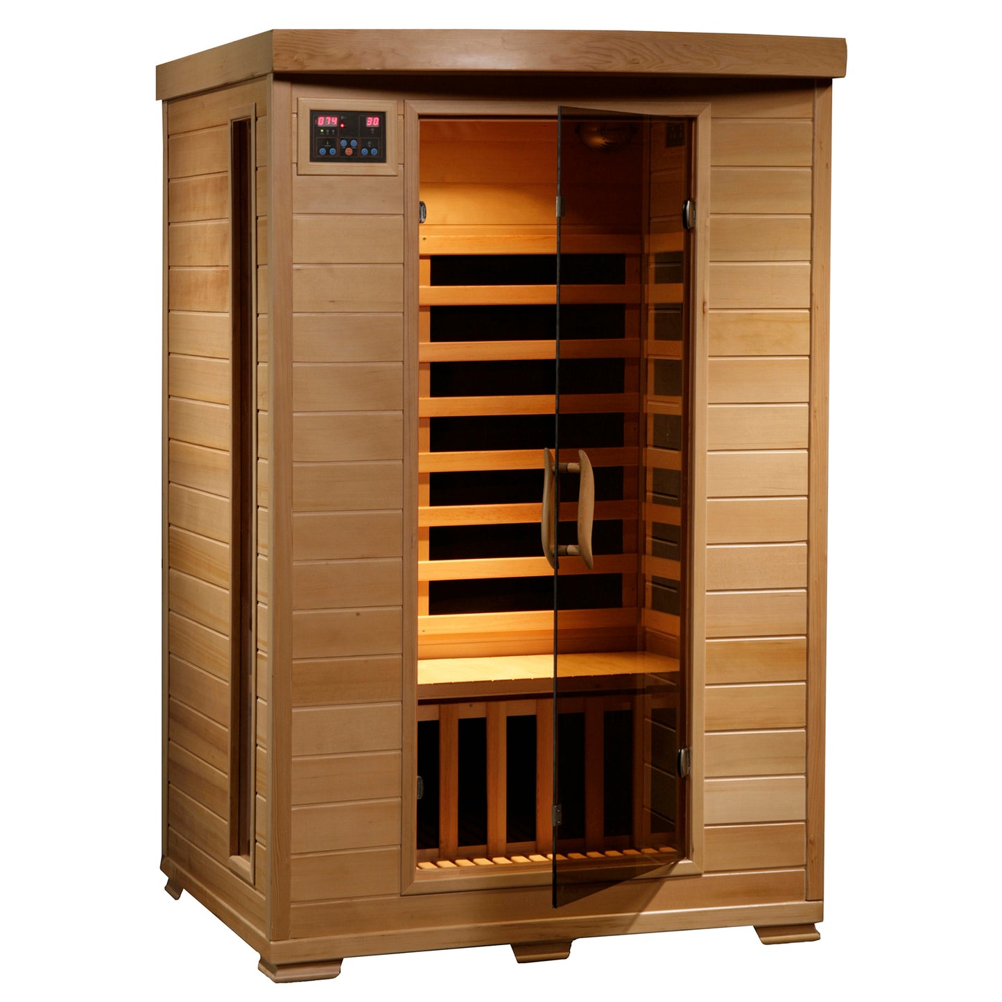 HeatWave Coronado 2-Person Hemlock Deluxe Infrared Sauna with 6 Carbon Heaters, front view with glass door and control panel