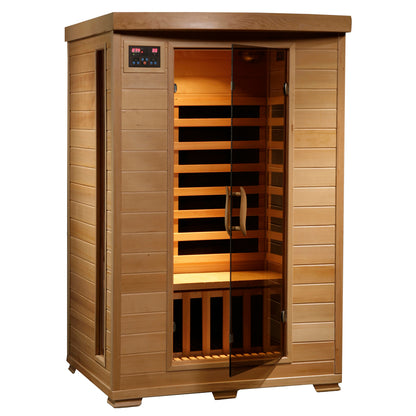 HeatWave Coronado 2-Person Hemlock Deluxe Infrared Sauna with 6 Carbon Heaters, front view with glass door and control panel