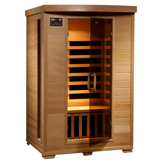 HeatWave Coronado 2-Person Hemlock Deluxe Infrared Sauna with 6 Carbon Heaters, front view with glass door and control panel
