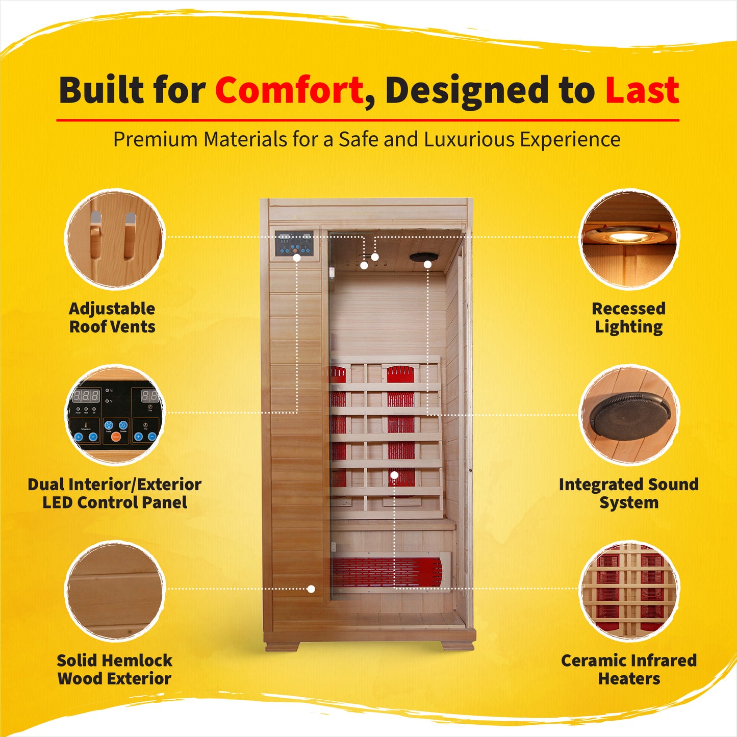 HeatWave Buena Vista 1-2 Person Hemlock Infrared Sauna features: adjustable roof vents, recessed lighting, dual LED control panel, sound system, ceramic heaters