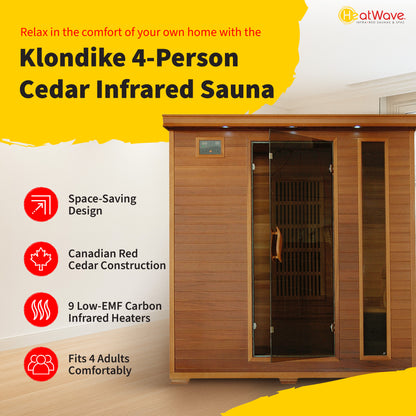 HeatWave Klondike 4-Person Cedar Infrared Sauna feature graphic: space-saving design, Canadian red cedar, 9 low-EMF carbon heaters, fits 4 adults