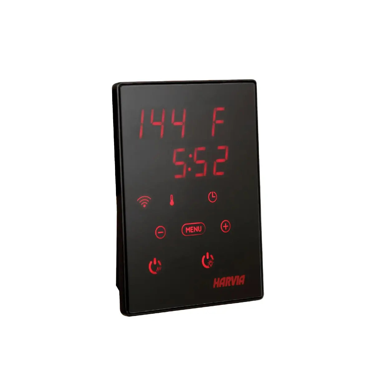 The Harvia Xenio digital control panel included with the Virta 6kW Ultimate package, a black wall unit with a red display reading 144 F and a 5:52 timer alongside thermometer, clock, menu and power controls and the Harvia logo, on a white background
