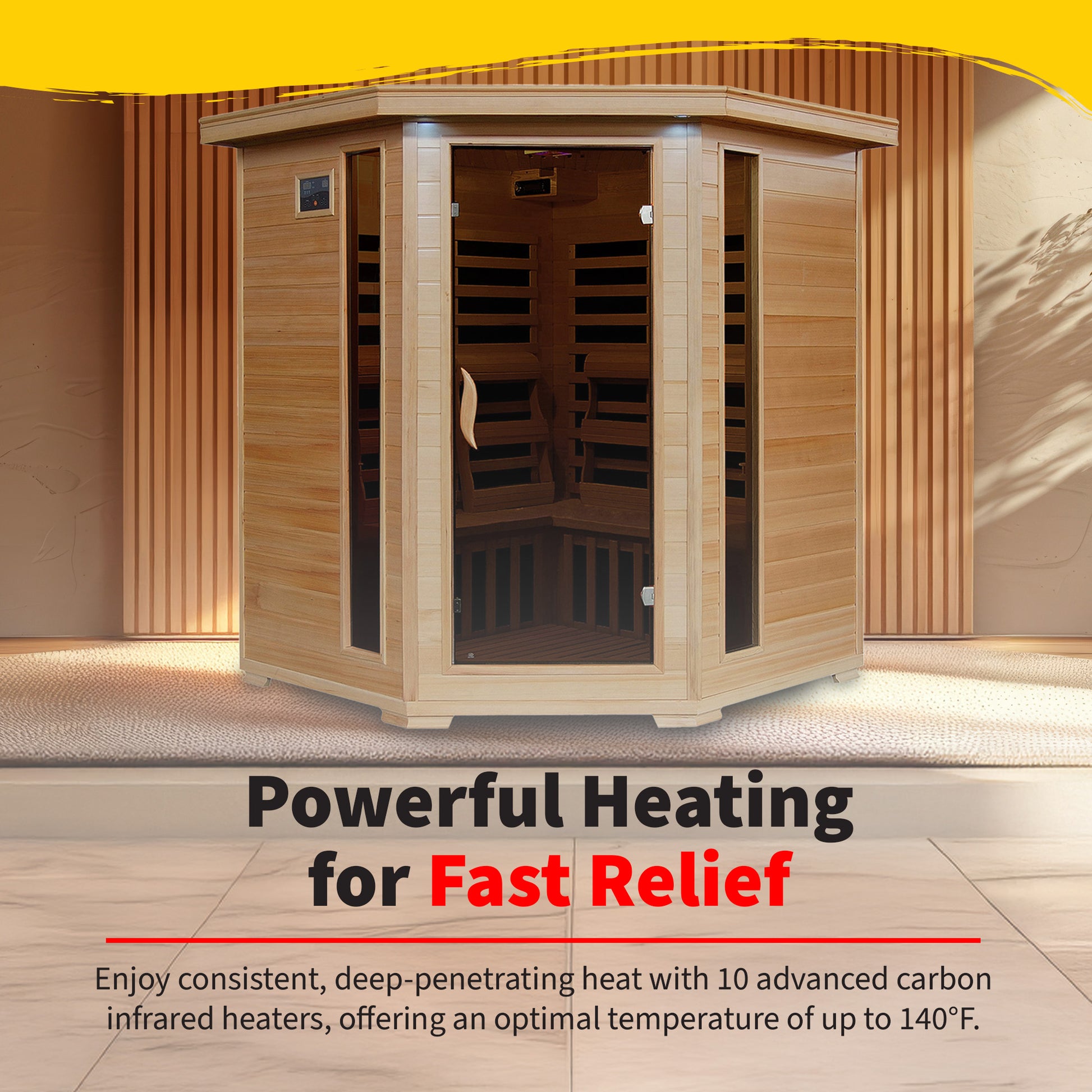 HeatWave Tucson 4-Person Hemlock Corner Infrared Sauna with 10 carbon heaters delivering deep-penetrating heat up to 140°F