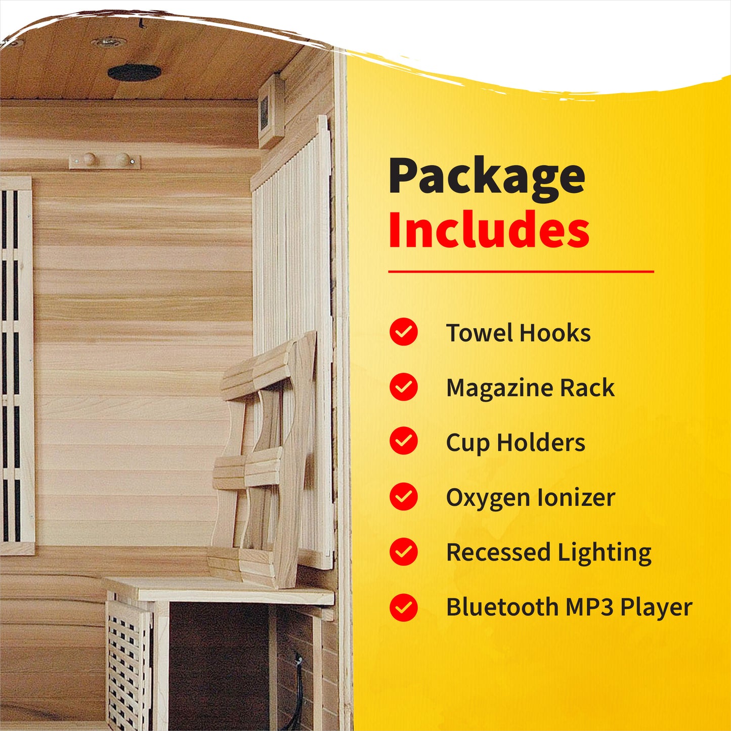HeatWave Klondike Cedar Infrared Sauna package includes graphic: towel hooks, magazine rack, cup holders, oxygen ionizer, recessed lighting, Bluetooth MP3 player