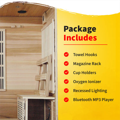 HeatWave Klondike Cedar Infrared Sauna package includes graphic: towel hooks, magazine rack, cup holders, oxygen ionizer, recessed lighting, Bluetooth MP3 player