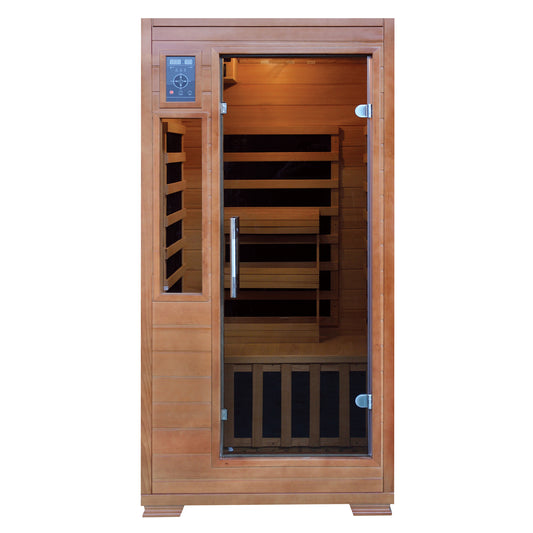 HeatWave 1-2 Person Hemlock Infrared Sauna, front view with glass door, touchscreen control panel, and interior carbon heaters