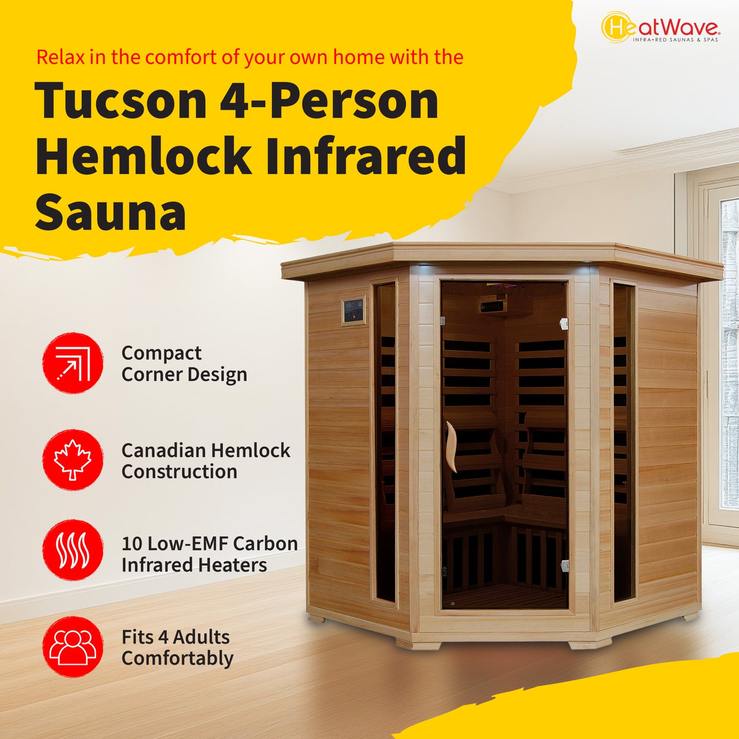 HeatWave Tucson 4-Person Hemlock Corner Infrared Sauna branded graphic: compact corner design, Canadian hemlock, 10 low-EMF carbon heaters, fits 4 adults