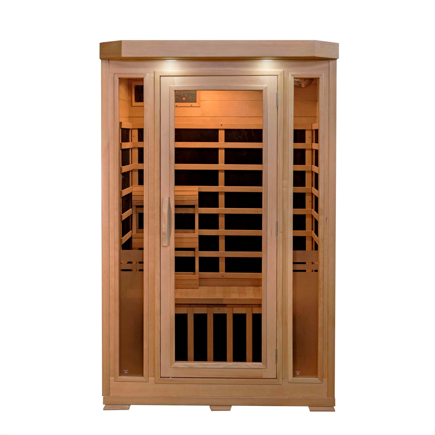 HeatWave Sonoma 2-Person Hemlock Infrared Sauna, front view with glass door, control panel, hemlock cabinet, and interior benches with carbon heaters