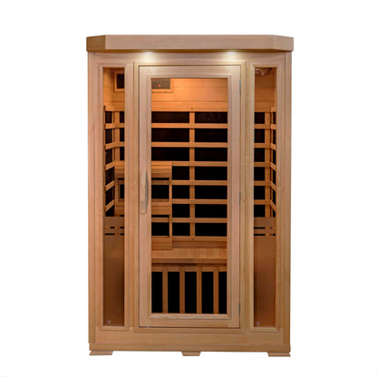 HeatWave Sonoma 2-Person Hemlock Infrared Sauna, front view with glass door, control panel, hemlock cabinet, and interior benches with carbon heaters