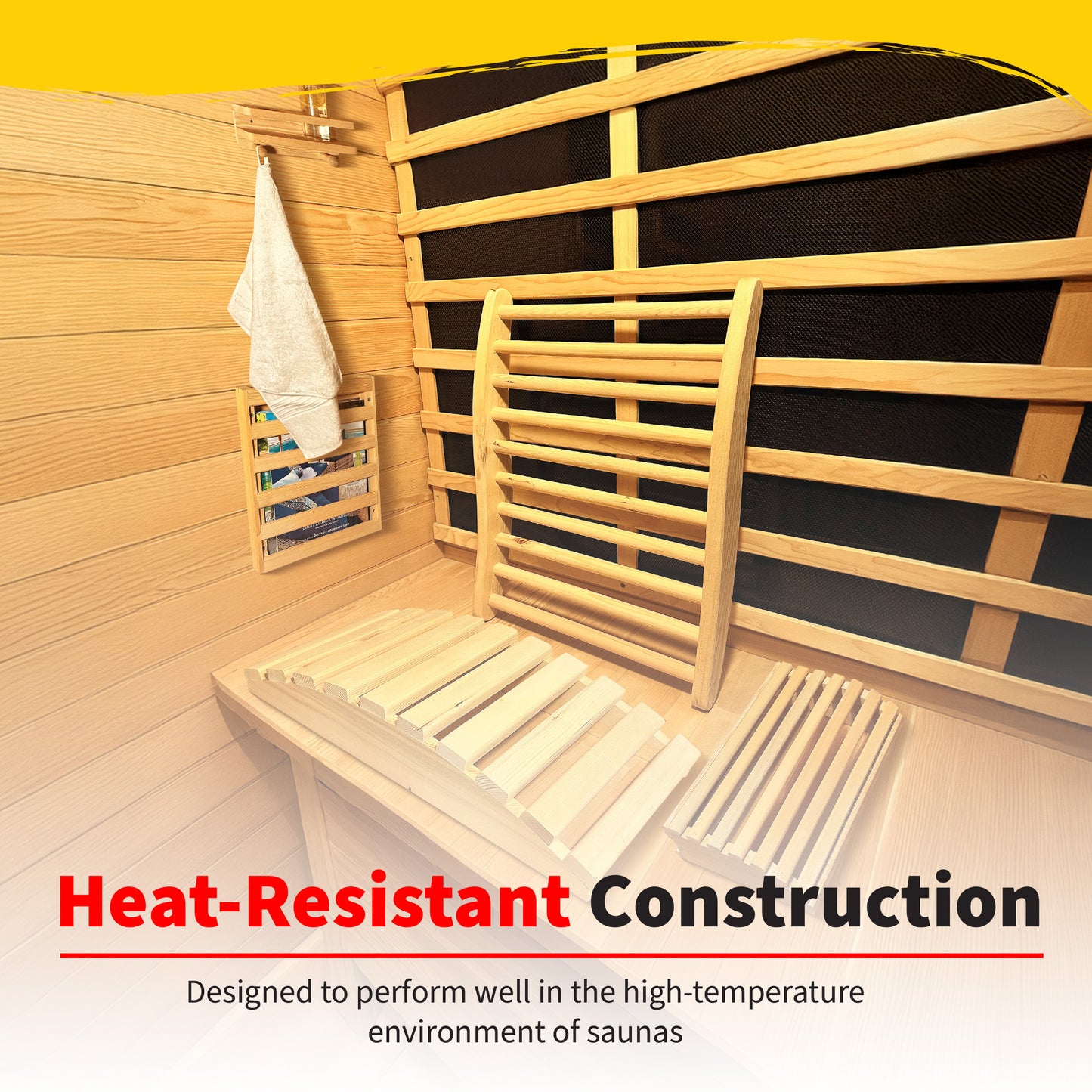 HeatWave Deluxe Sauna Accessory Kit pieces installed inside an infrared sauna, with the backrest, headrest, and legrest on the bench and the holder mounted on the wall, under a Heat-Resistant Construction banner