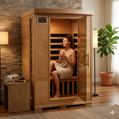 HeatWave Coronado 2-Person Hemlock Deluxe Infrared Sauna in a cozy room with a stone accent wall, woman relaxing inside wrapped in a towel holding a drink with the glass door open