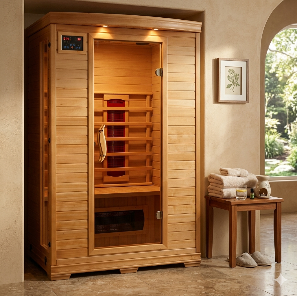HeatWave Coronado 2-Person Hemlock Ceramic Sauna in a warm room with towels, slippers and side table beside an arched window
