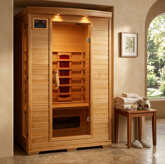 HeatWave Coronado 2-Person Hemlock Ceramic Sauna in a warm room with towels, slippers and side table beside an arched window